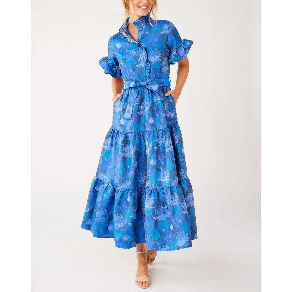 ABBEY GLASS Sadie Tired Maxi Dress Blue Floral Silhouette Jacquard